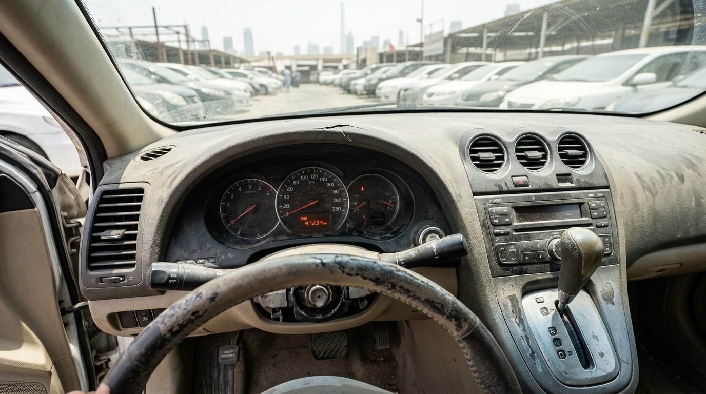 Close-up of a car dashboard odometer showing suspicious low mileage on a used sedan at a Dubai used car market lot with dust visible on interior surfaces inconsistent with claimed low mileage