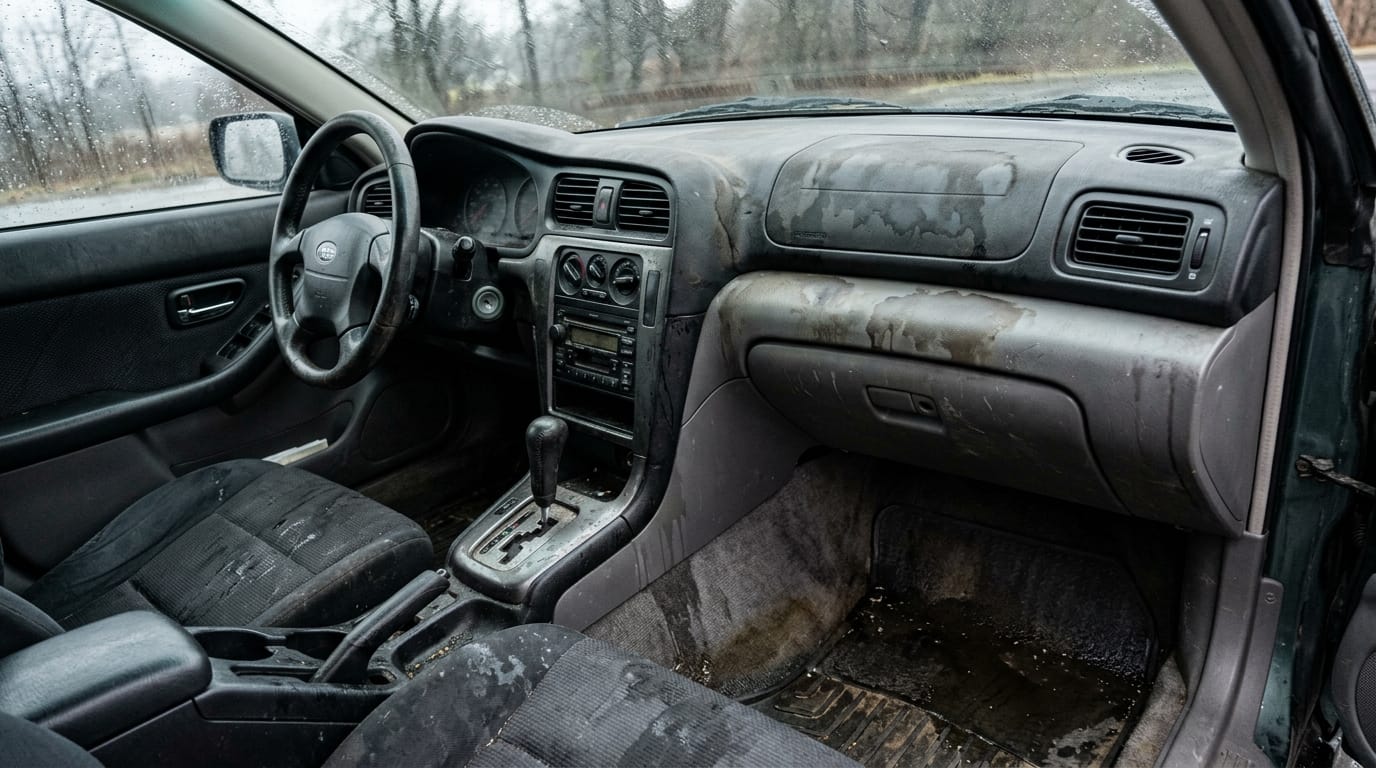Interior view of a used car dashboard and steering wheel showing water stains on the dashboard fabric and wet carpet visible on the floor representing flood damage discovery
