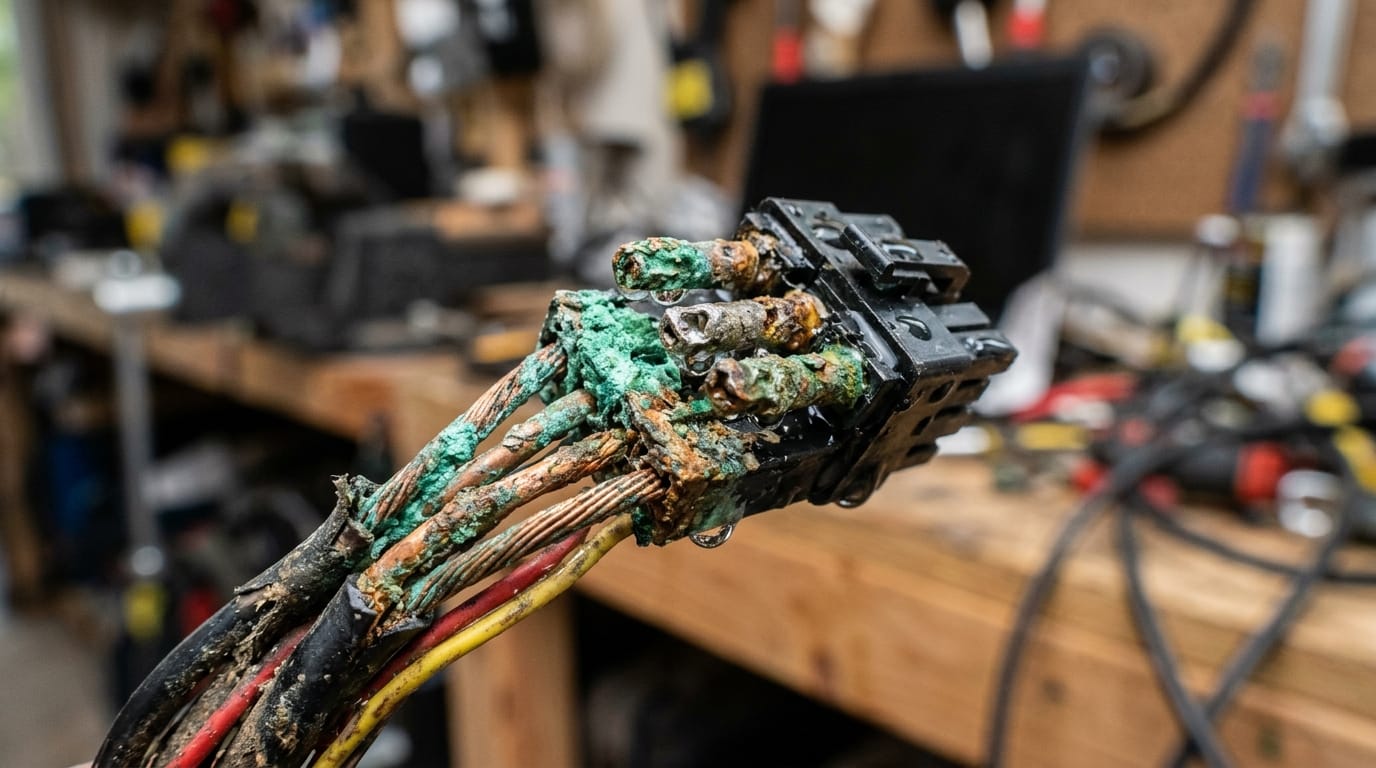 Extreme close-up of a green corroded electrical connector and damaged copper wiring from a flood-exposed car in a UAE workshop