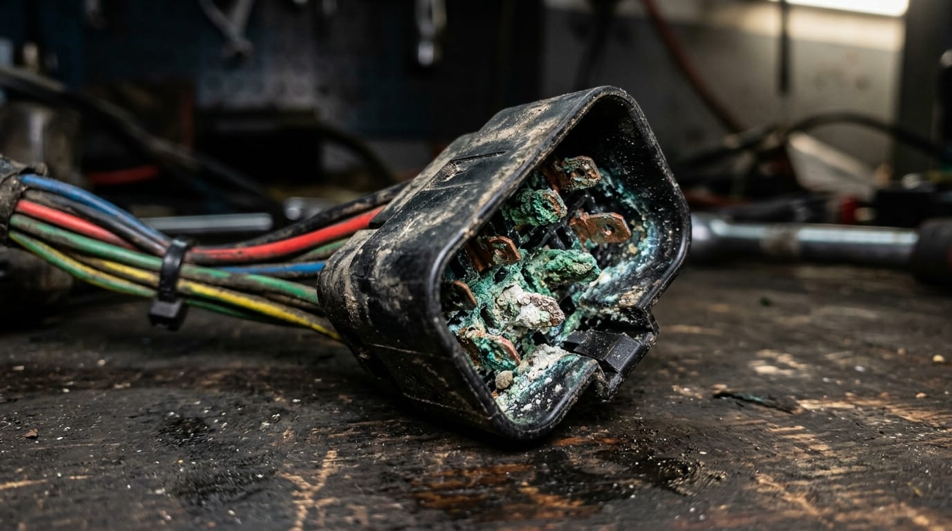 Close-up of corroded car wiring connector terminals inside a flood-damaged vehicle engine bay in a UAE workshop