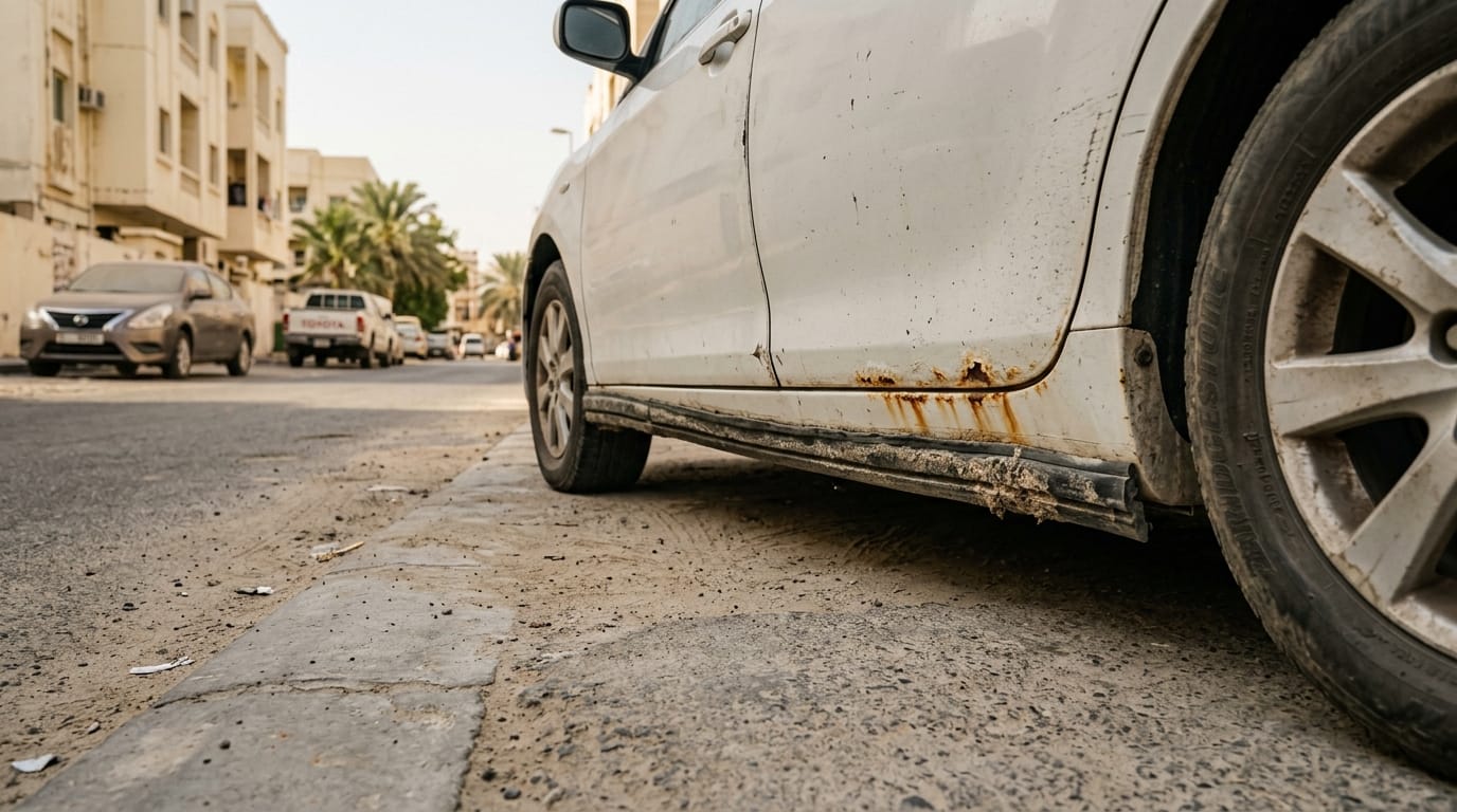 Used Toyota Camry parked in a Dubai street with visible rust under door sill after flood damage