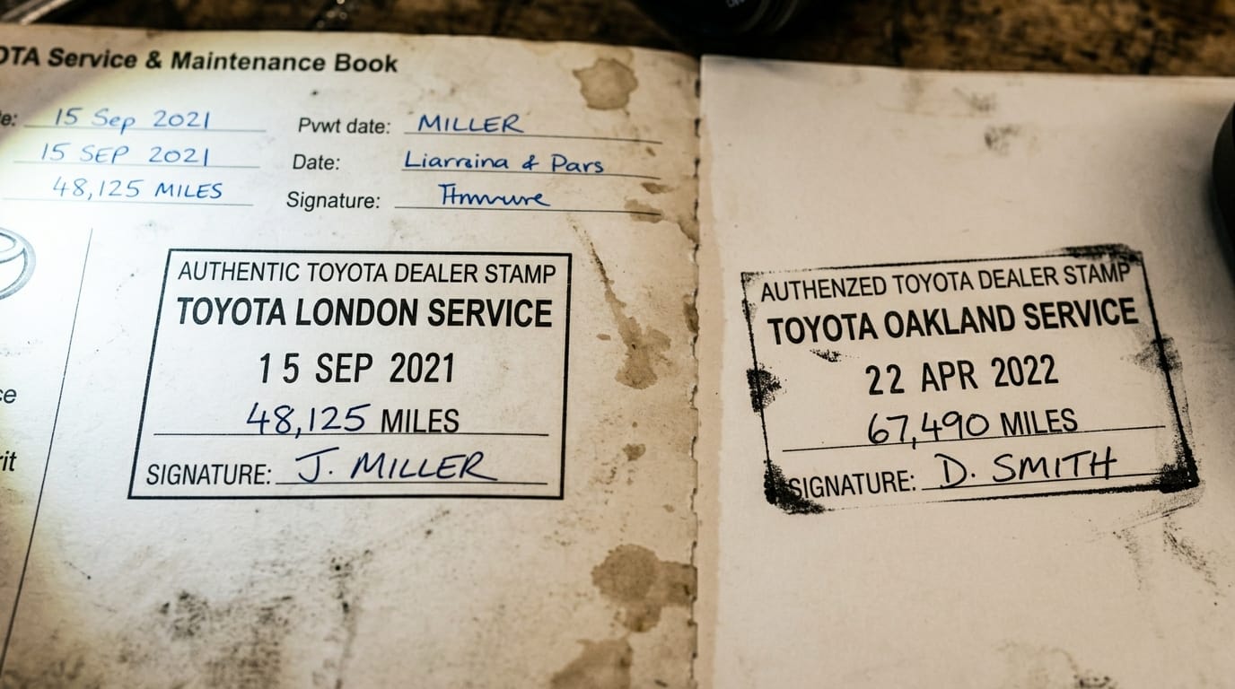 Extreme close-up of a Toyota service book open to a page showing a stamped service entry with a flashlight beam revealing inconsistent ink and paper quality differences between genuine and forged pages