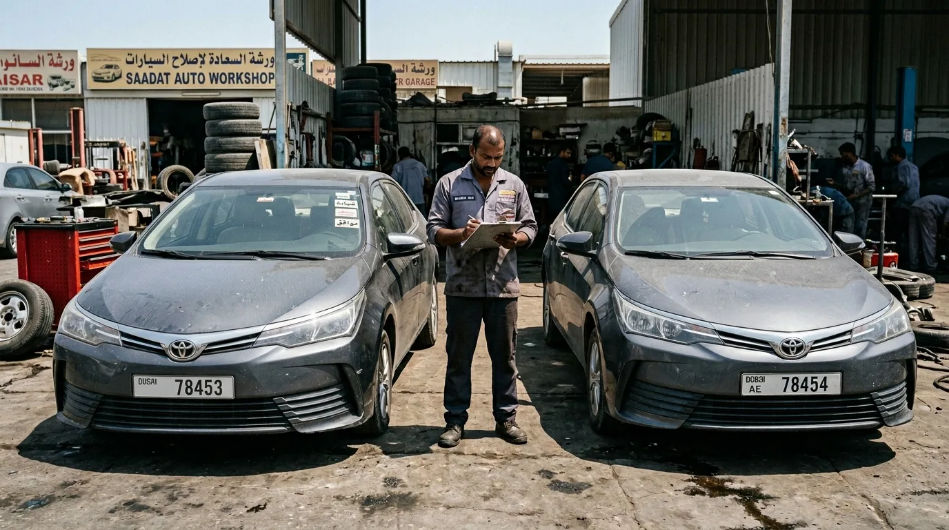 Two identical Toyota Camry sedans parked side by side on concrete surface in Al Quoz Dubai one GCC spec one US import showing exterior label differences