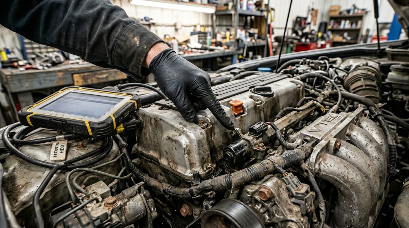 Close-up of a Honda Accord 2.4L R24A engine bay in a Dubai workshop with a male mechanic pointing to the VTEC solenoid area during an inspection