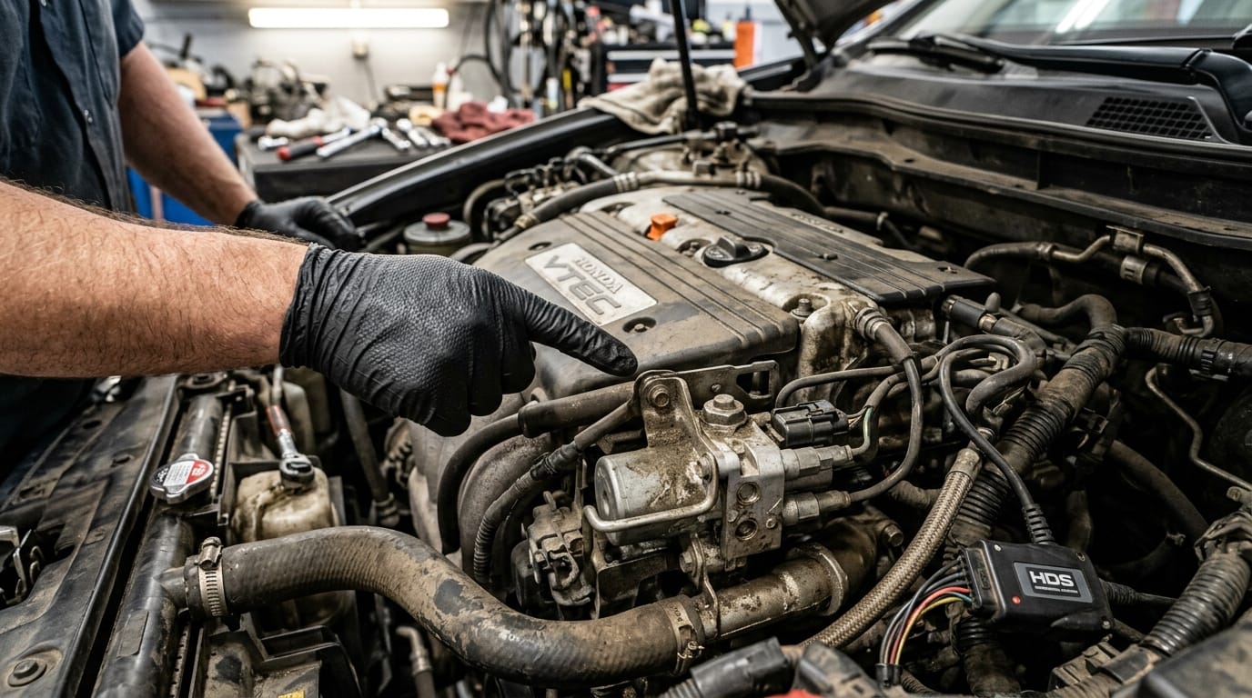 Male mechanic in blue overalls under a raised Honda Accord on a hydraulic lift in a Dubai workshop inspecting the rear subframe and suspension components