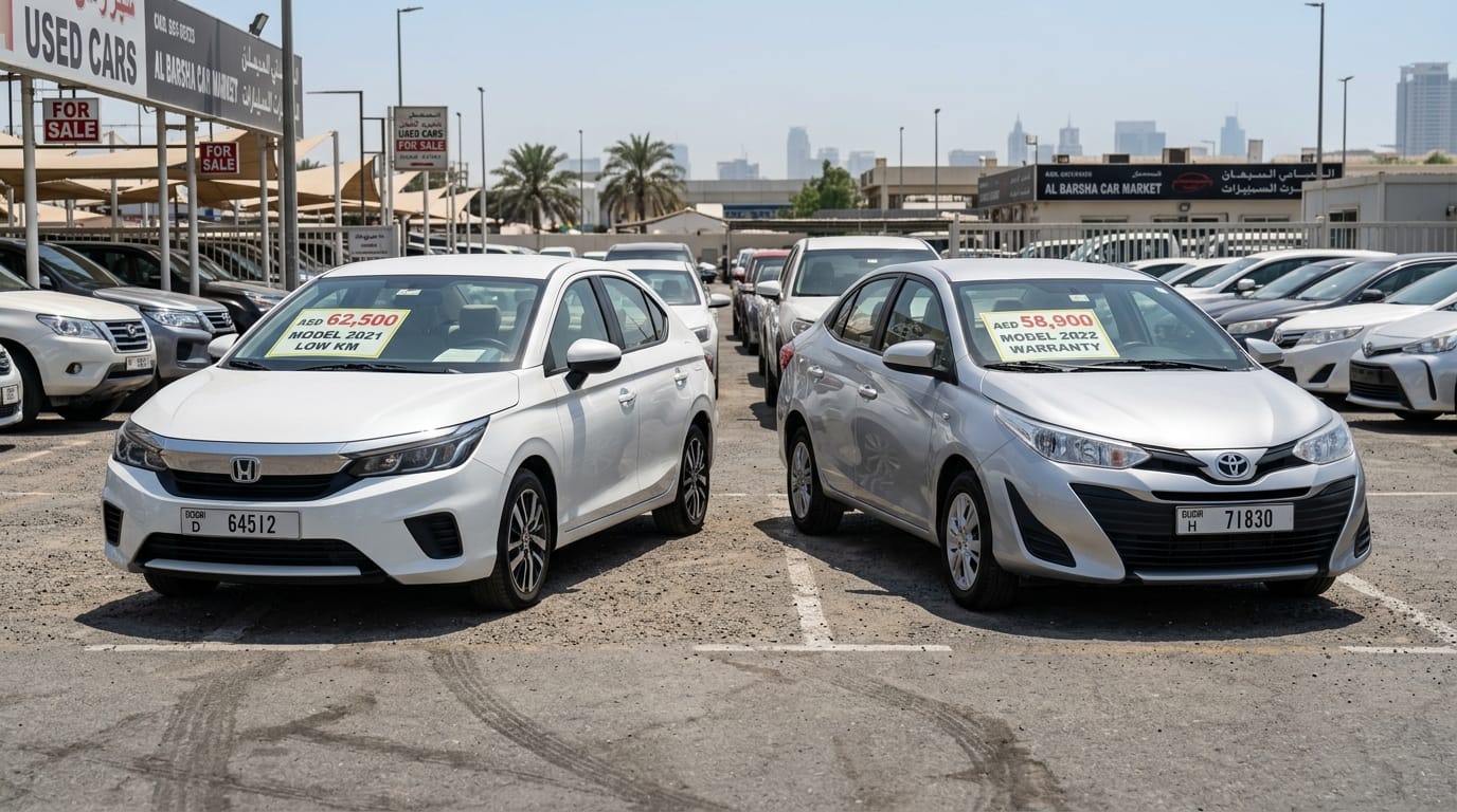 A white Honda City and silver Toyota Yaris parked side by side in a Dubai used car market lot showing both vehicles from front three-quarter angle with price tags visible on windshields