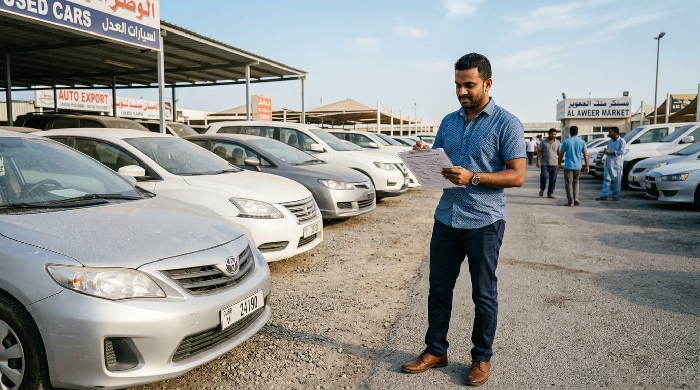 Male expat mechanic in grey overalls standing in front of a row of used cars at Al Aweer used car market Dubai with a clipboard and inspection checklist