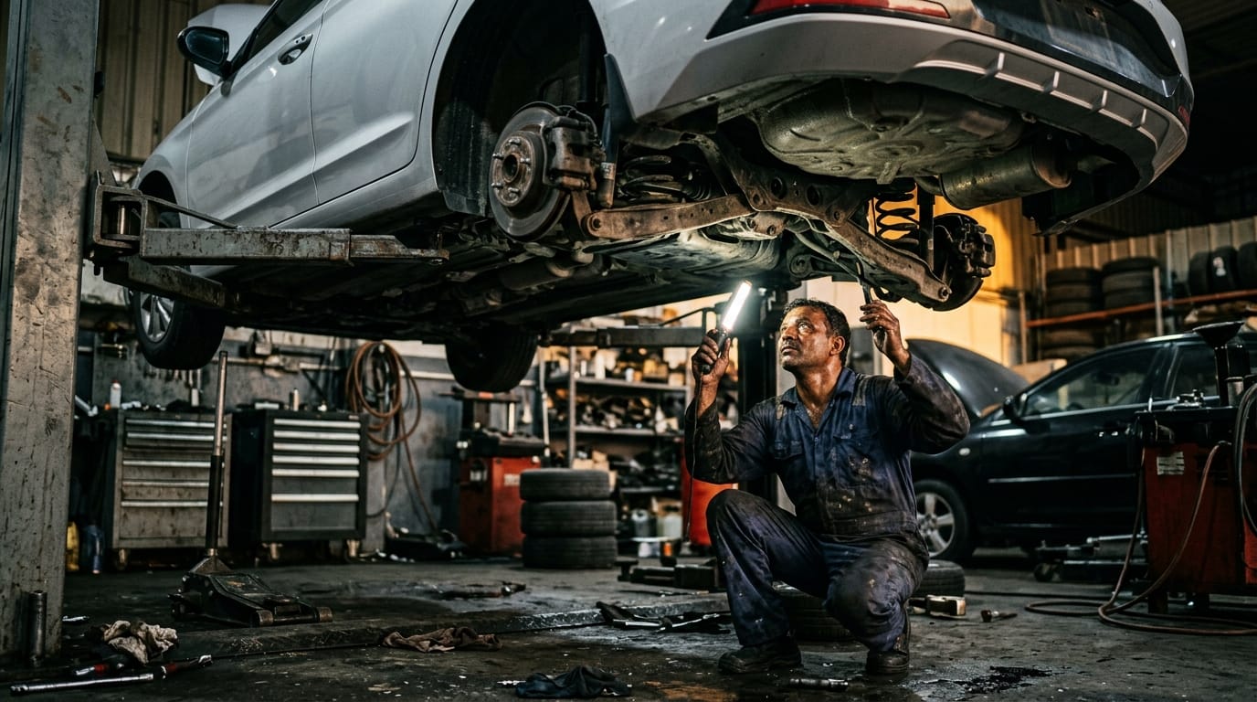 Hyundai Elantra raised on a hydraulic lift in an independent workshop in Sharjah Industrial Area with a technician inspecting the underbody components and suspension with a torch