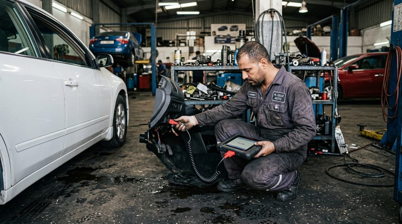 Independent mechanic Al Quoz workshop conducting OBD scan on used car engine bay Dubai