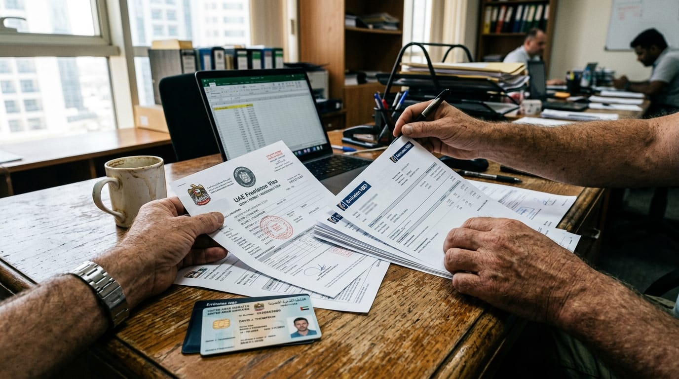 Used car buyer preparing bank statements and freelance visa documents for Islamic finance application in UAE