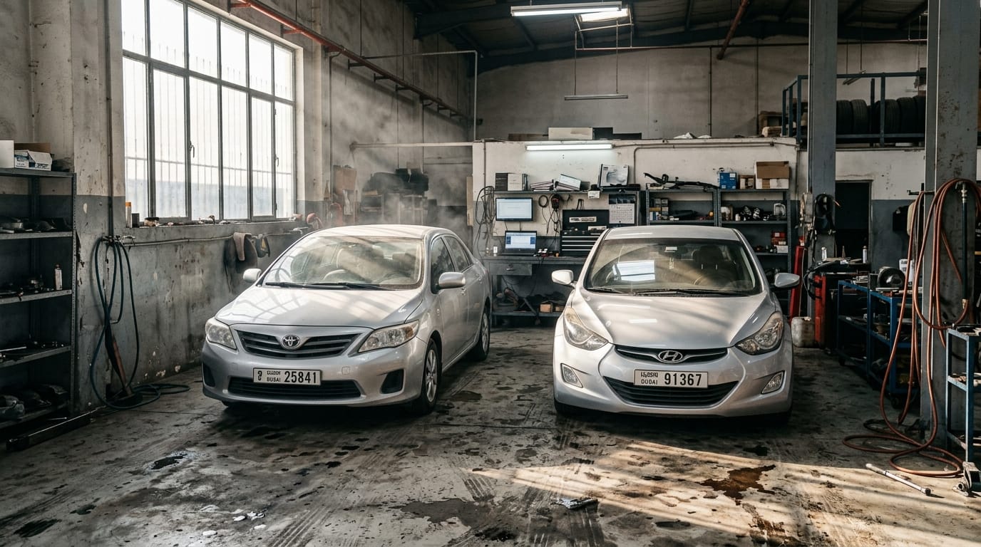 Two sedan vehicles parked side-by-side in professional workshop setting with diagnostic equipment visible