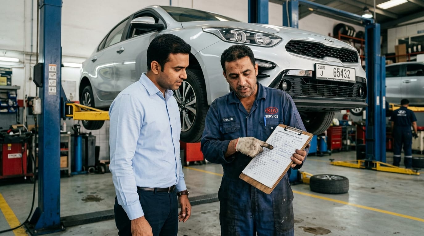 Male expat buyer and male mechanic reviewing a Kia Cerato inspection report on a clipboard in a Dubai UAE workshop with the vehicle visible on a lift in the background