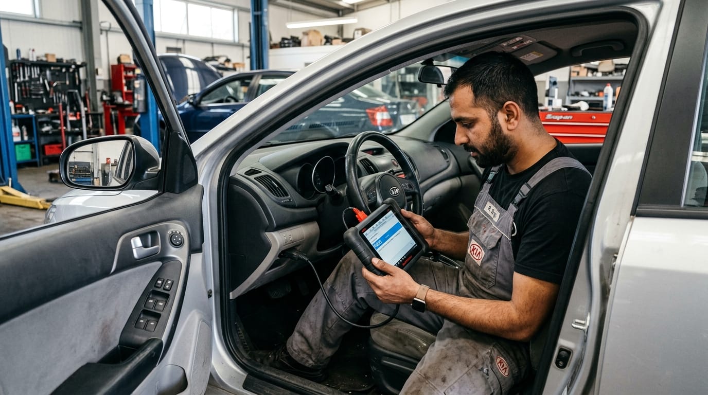 Male mechanic using an OBD scanner on a Kia Cerato dashboard port in a Sharjah workshop with the scanner screen showing stored fault codes