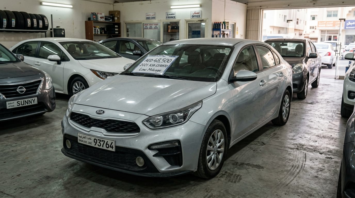 Silver Kia Cerato parked inside a small used car showroom in Sharjah UAE with a price tag visible on the windshield and other vehicles in background