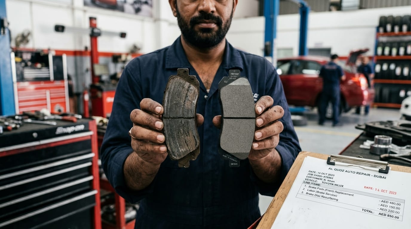 Close-up photo of a mechanic's hands holding an old worn brake pad next to a new brake pad with workshop invoice visible on clipboard in background, Al Quoz workshop setting