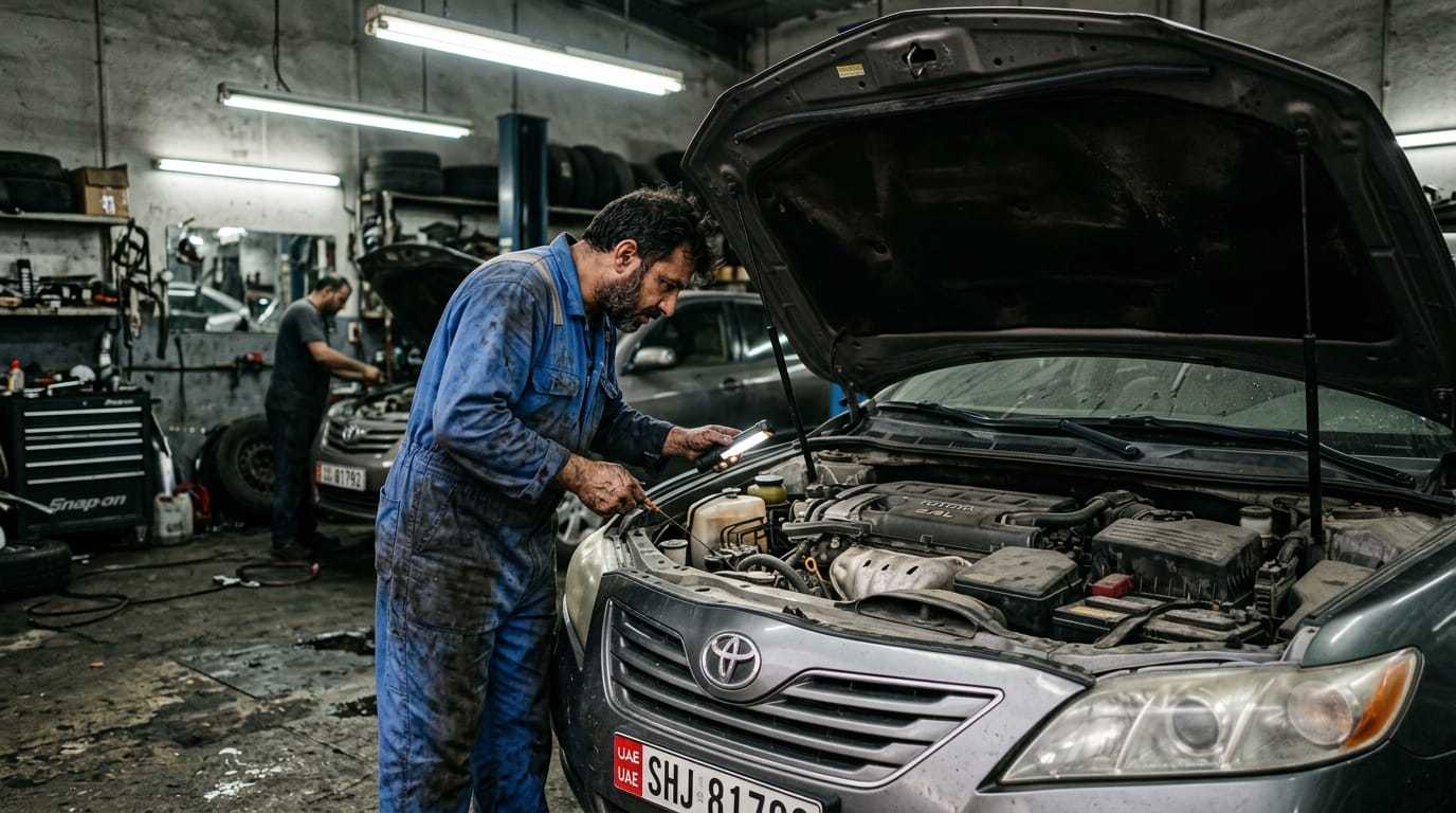 Male mechanic in blue overalls checking coolant reservoir level on a Toyota engine bay in a Sharjah UAE workshop with fluorescent lighting and service tools visible in background
