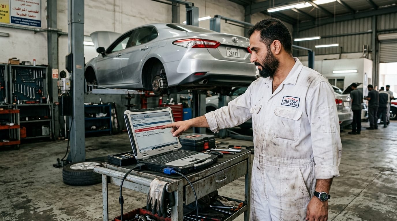 Male Arab mechanic in white overalls pointing to a car diagnostic report on a laptop screen in front of a Toyota Camry raised on a hydraulic lift in an Al Quoz Dubai workshop with tools visible in background 