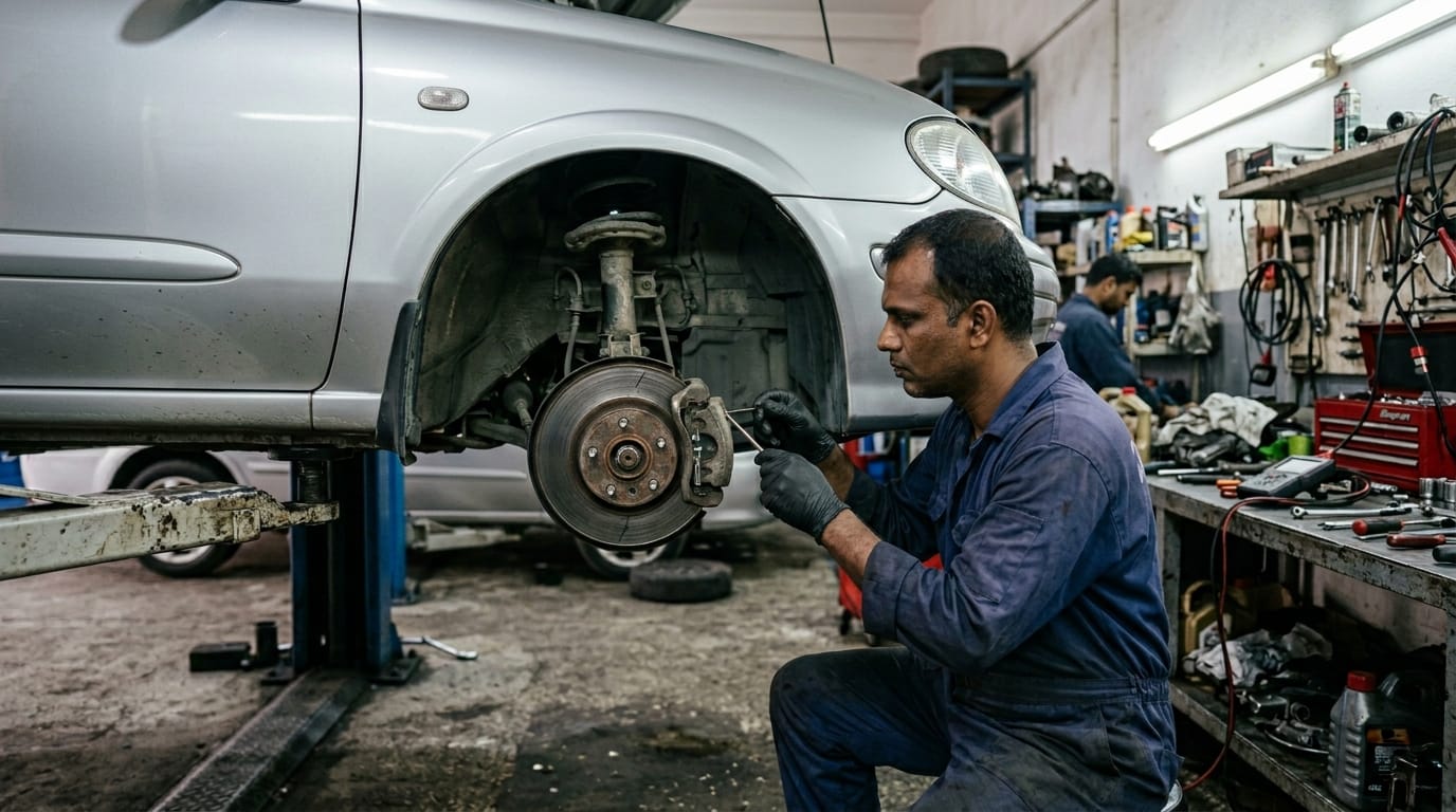 Male mechanic in blue coveralls inspecting the brake pads and rotor surface of a silver sedan raised on a lift inside a Sharjah independent workshop
