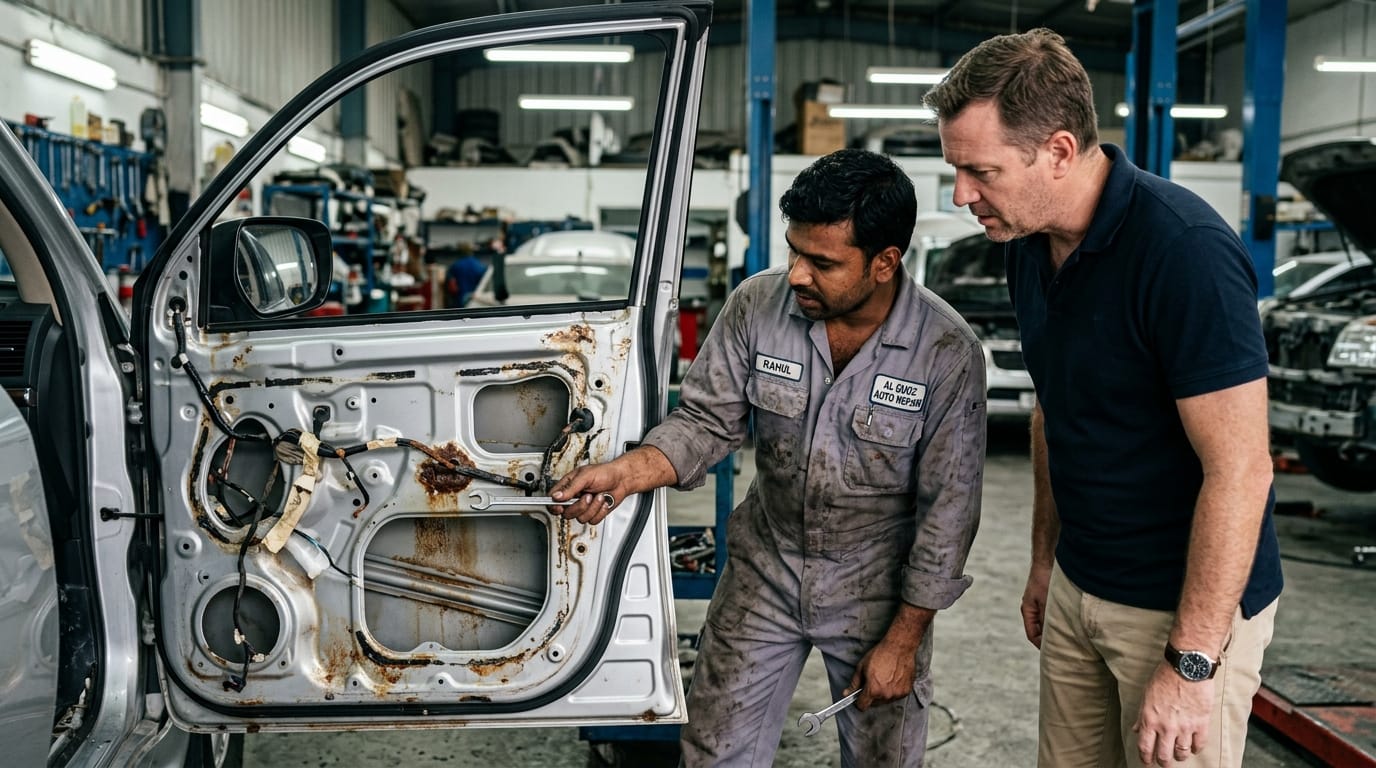 Male mechanic pointing at rust and water stains inside a flood-damaged car door cavity to an expat customer in an Al Quoz Dubai workshop
