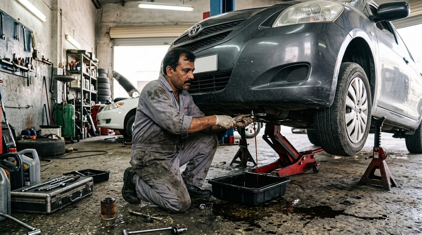 Mechanic performing oil change on Mitsubishi Attrage in a Sharjah independent workshop