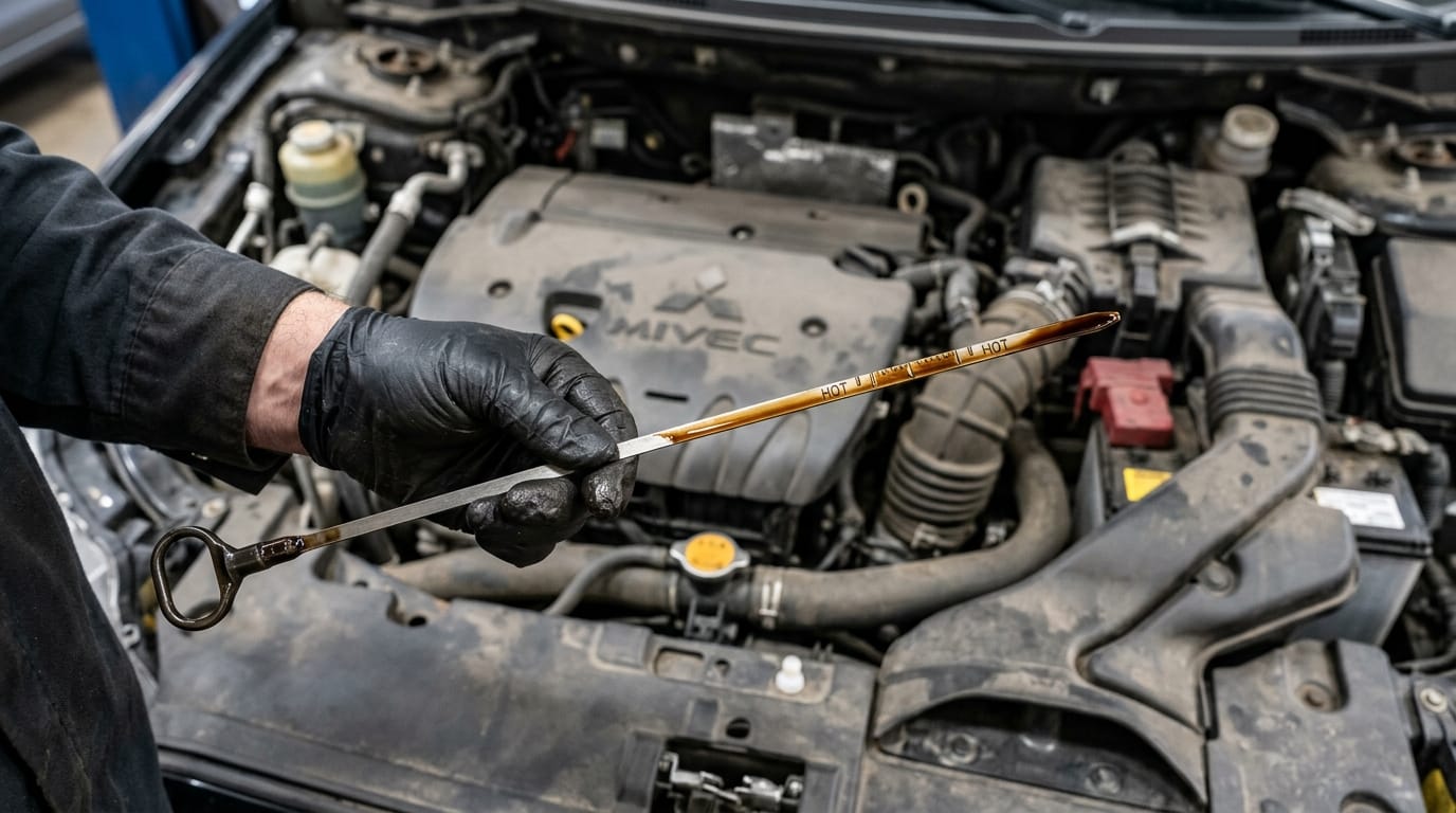 Close-up of a Mitsubishi Lancer 2.0L CVT dipstick showing dark amber fluid being held by a male mechanic in black nitrile gloves inside a Sharjah workshop
