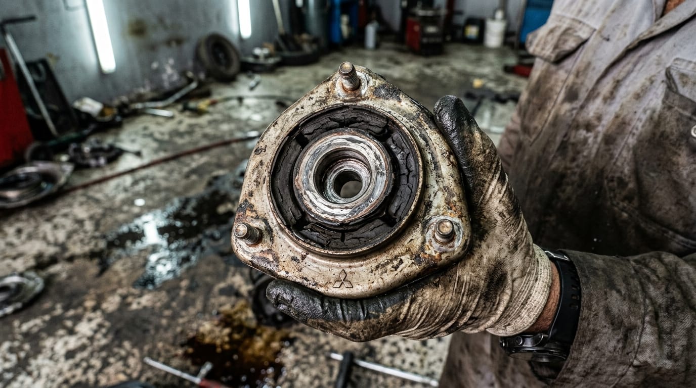 Close-up of a worn Mitsubishi Lancer front strut mount removed from vehicle during inspection in a Sharjah UAE workshop showing metal fatigue and worn rubber