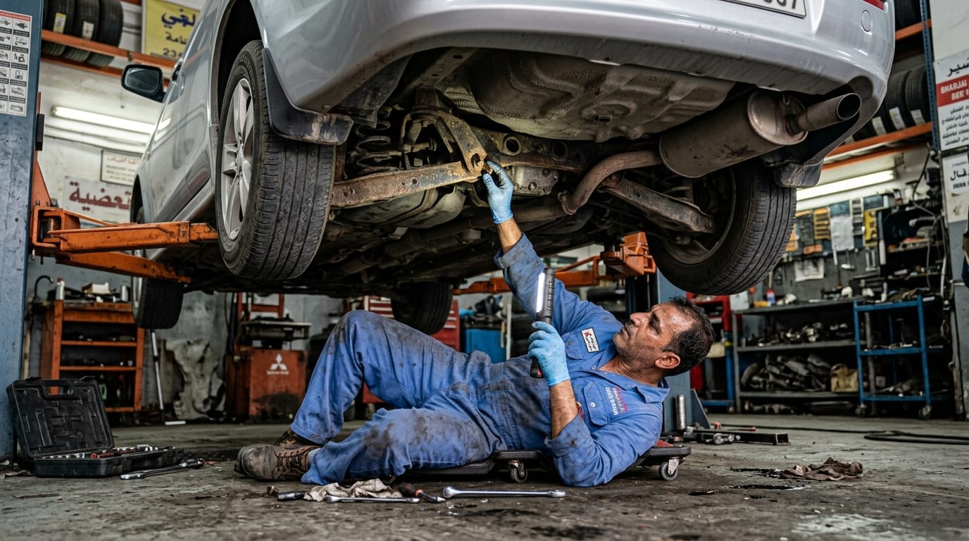  Male mechanic in blue overalls inspecting the underside of a Mitsubishi Lancer on a hydraulic lift in a Sharjah workshop showing suspension components