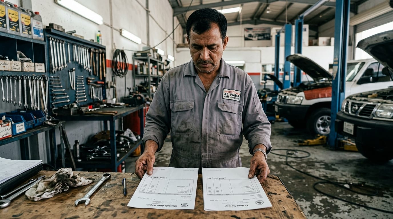 Male mechanic holding two separate service invoice receipts side by side in an Al Quoz Dubai workshop showing the itemized cost difference between Mitsubishi and Chevrolet parts on a workshop bench