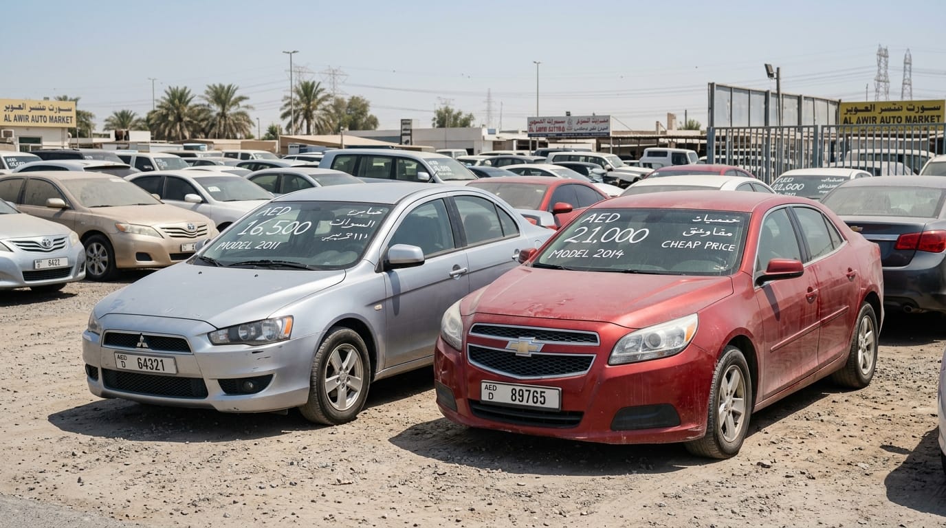 A silver Mitsubishi Lancer and a red Chevrolet Malibu parked side by side in an outdoor used car lot in Dubai UAE with handwritten price tags on windshields and other vehicles visible in background