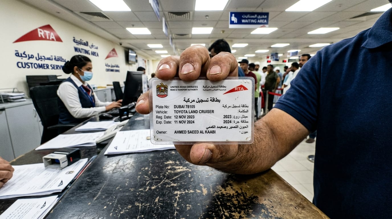 New Mulkiya registration card Dubai expat car ownership completed transfer
