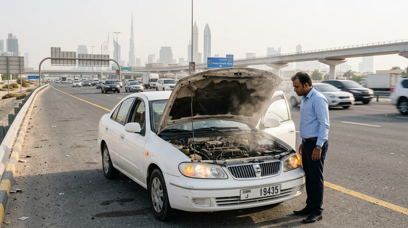 White Nissan Sunny sedan stopped on the hard shoulder of Sheikh Zayed Road Dubai with hazard lights on and hood raised showing steam from engine bay