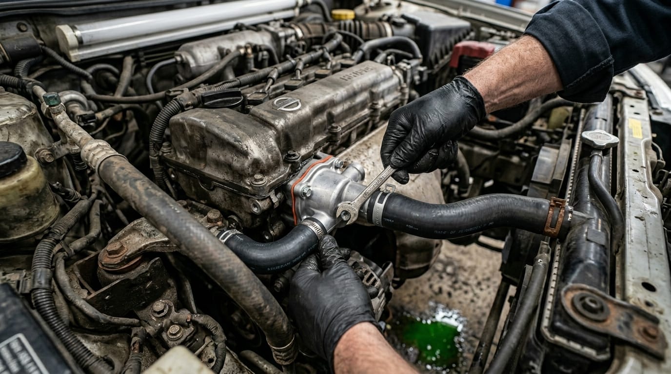 Close-up of Nissan Sunny HR15DE engine bay showing new thermostat housing and fresh coolant hoses after repair in Abu Shagara Sharjah workshop