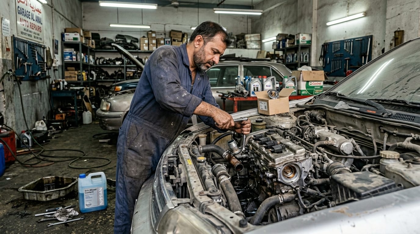 Male mechanic in Abu Shagara Sharjah workshop replacing thermostat housing on Nissan Sunny 1.5L engine bay with coolant hoses disconnected