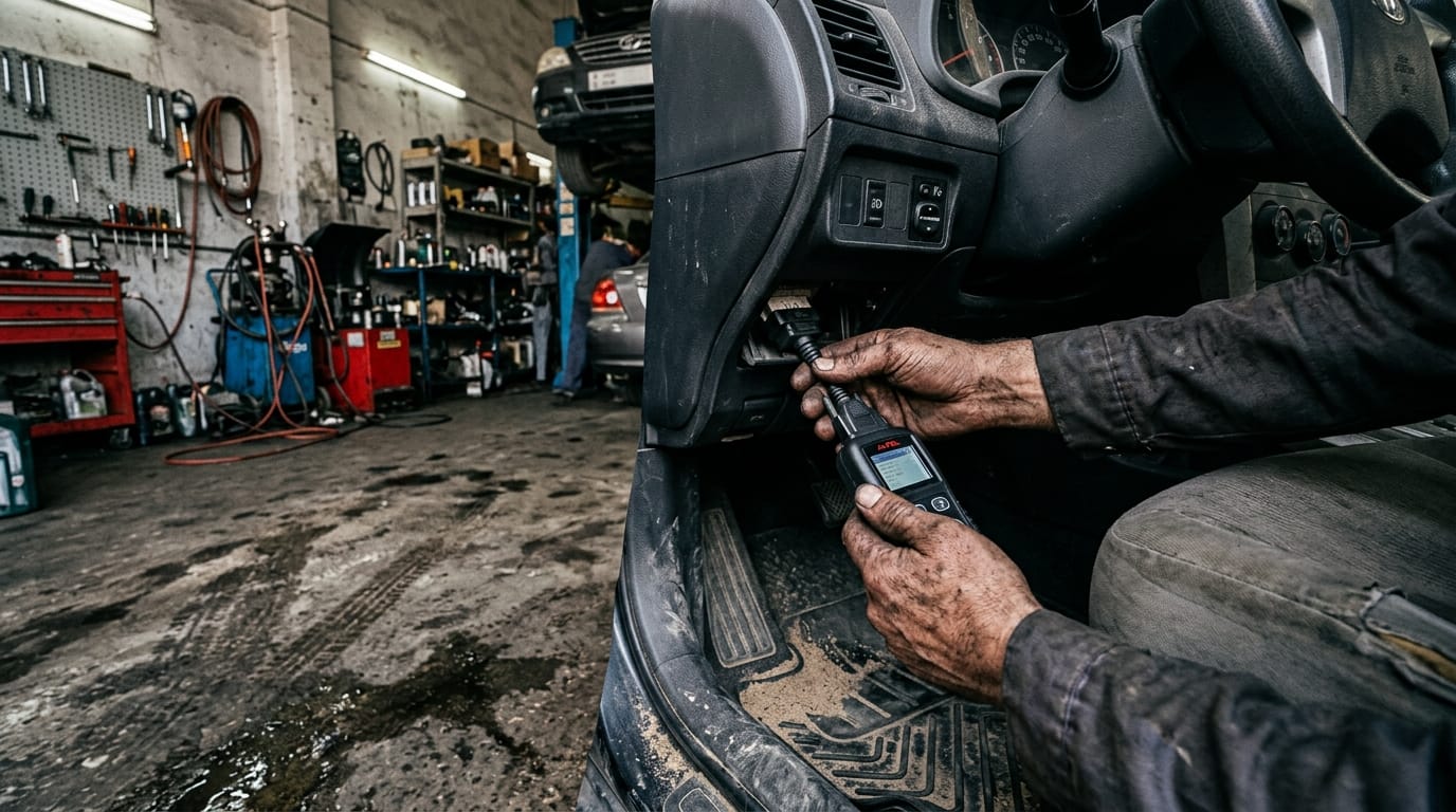 Mechanic running OBD diagnostic scan on used car at Al Quoz workshop before bank loan clearance UAE