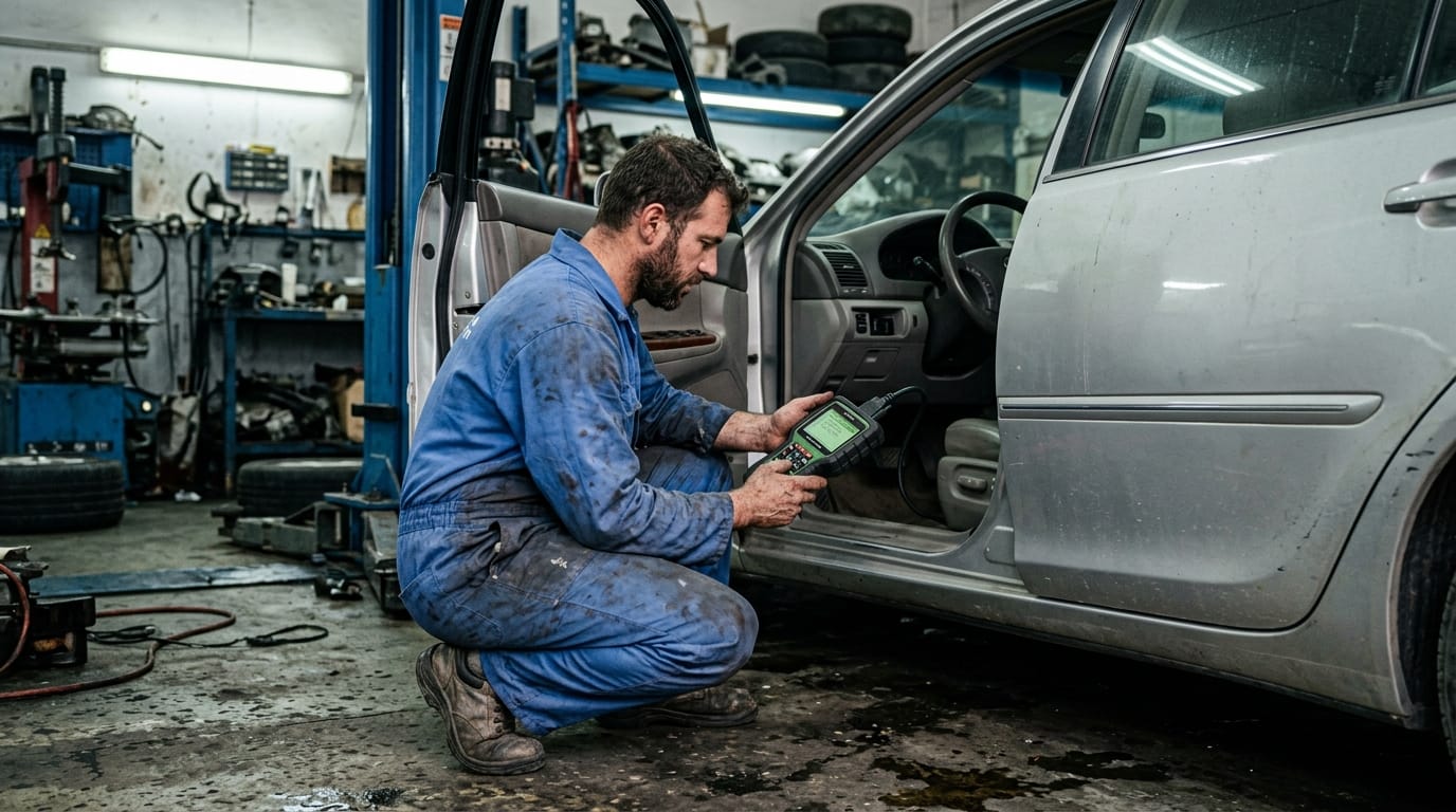 UAE mechanic using an OBD scan tool on a Toyota Camry inside a fluorescent-lit Al Quoz industrial area garage checking stored airbag fault codes, dirty realism
