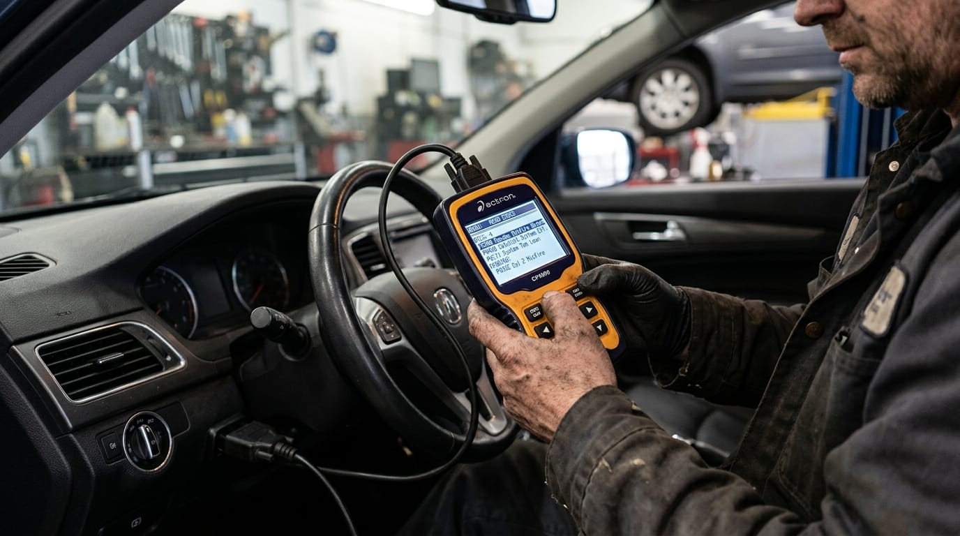 Close-up of a technician examining an engine component with a handheld diagnostic tool, showing a digital readout displaying fault codes, workshop background with tools visible