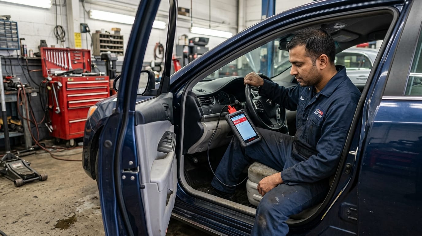 Male South Asian mechanic in a blue workshop uniform holding a professional OBD-II diagnostic scanner showing a fault code P0420 on the screen connected to a Toyota Camry in Al Quoz Dubai workshop