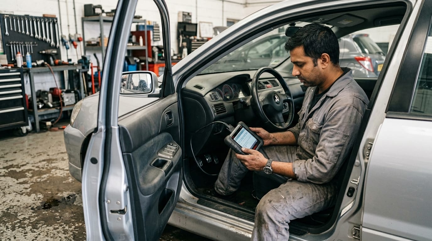 Male mechanic in grey overalls holding an OBD scanner connected to a Mitsubishi Lancer dashboard port in a Sharjah UAE workshop reviewing stored fault codes on the scanner screen