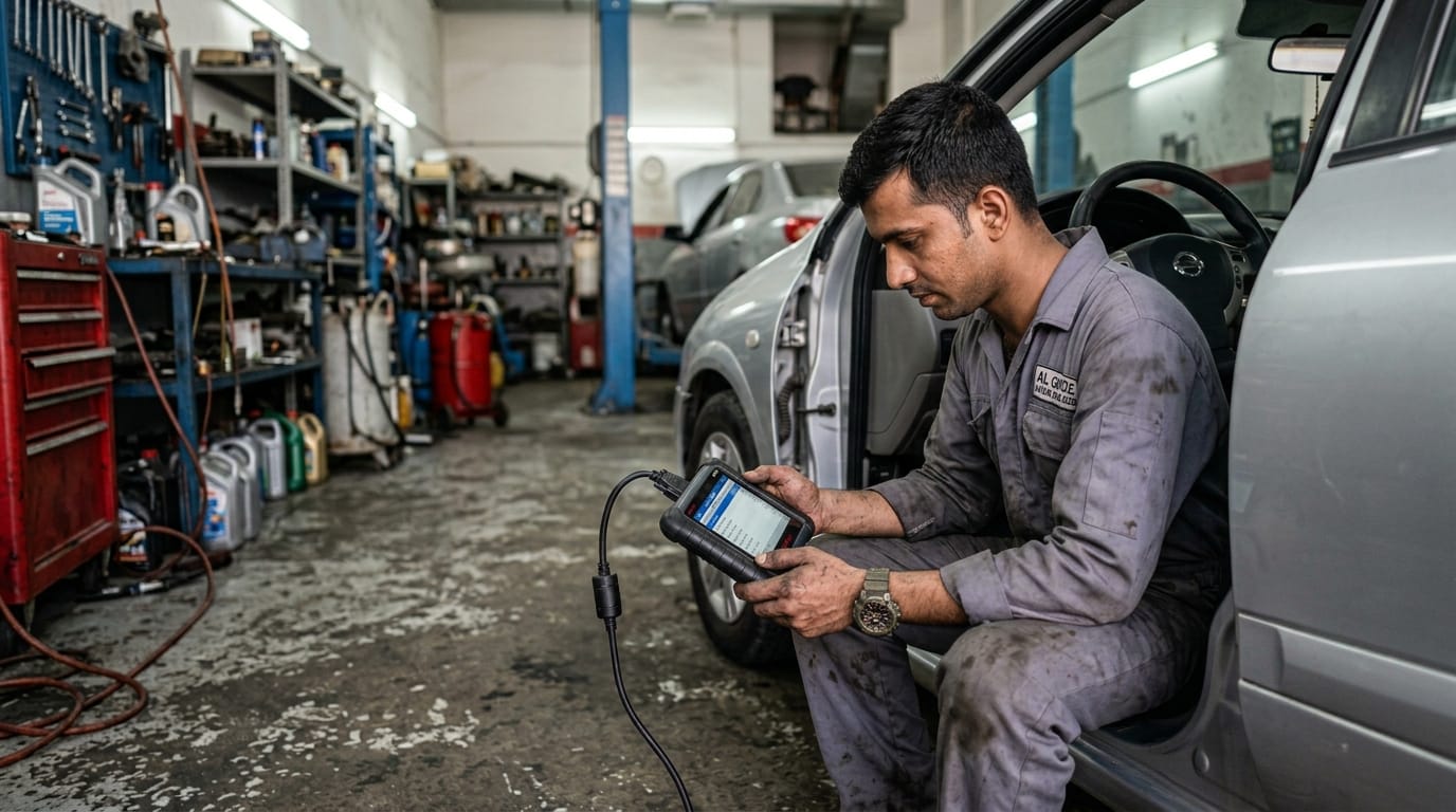 Male mechanic in Al Quoz Dubai workshop holding an OBD diagnostic scanner connected to a used car dashboard port showing vehicle computer data on screen with engine bay visible in background