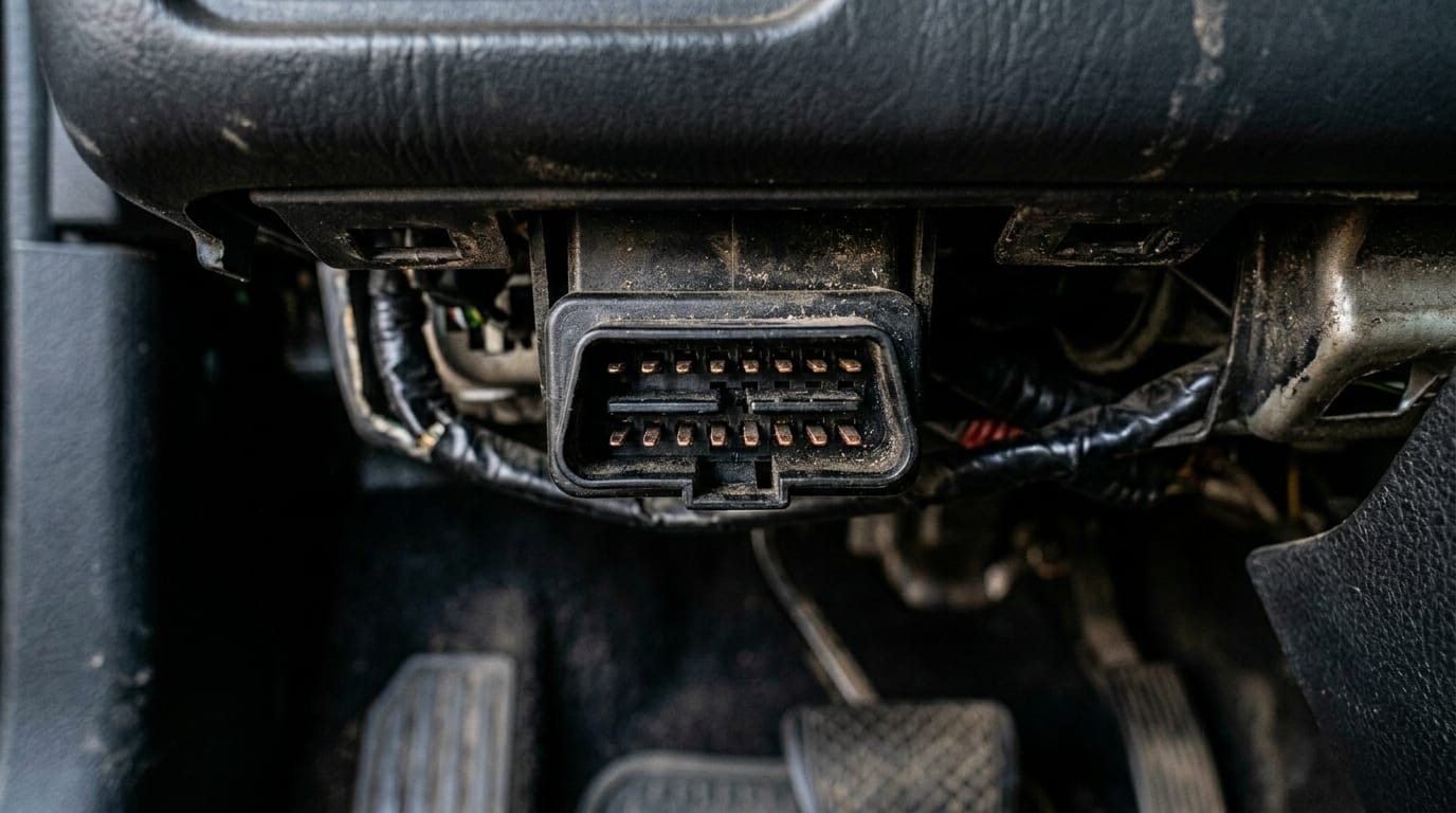 Extreme close-up macro photograph of an OBD diagnostic connector port on a vehicle, showing the metal pins in high detail, with blurred workshop equipment in background