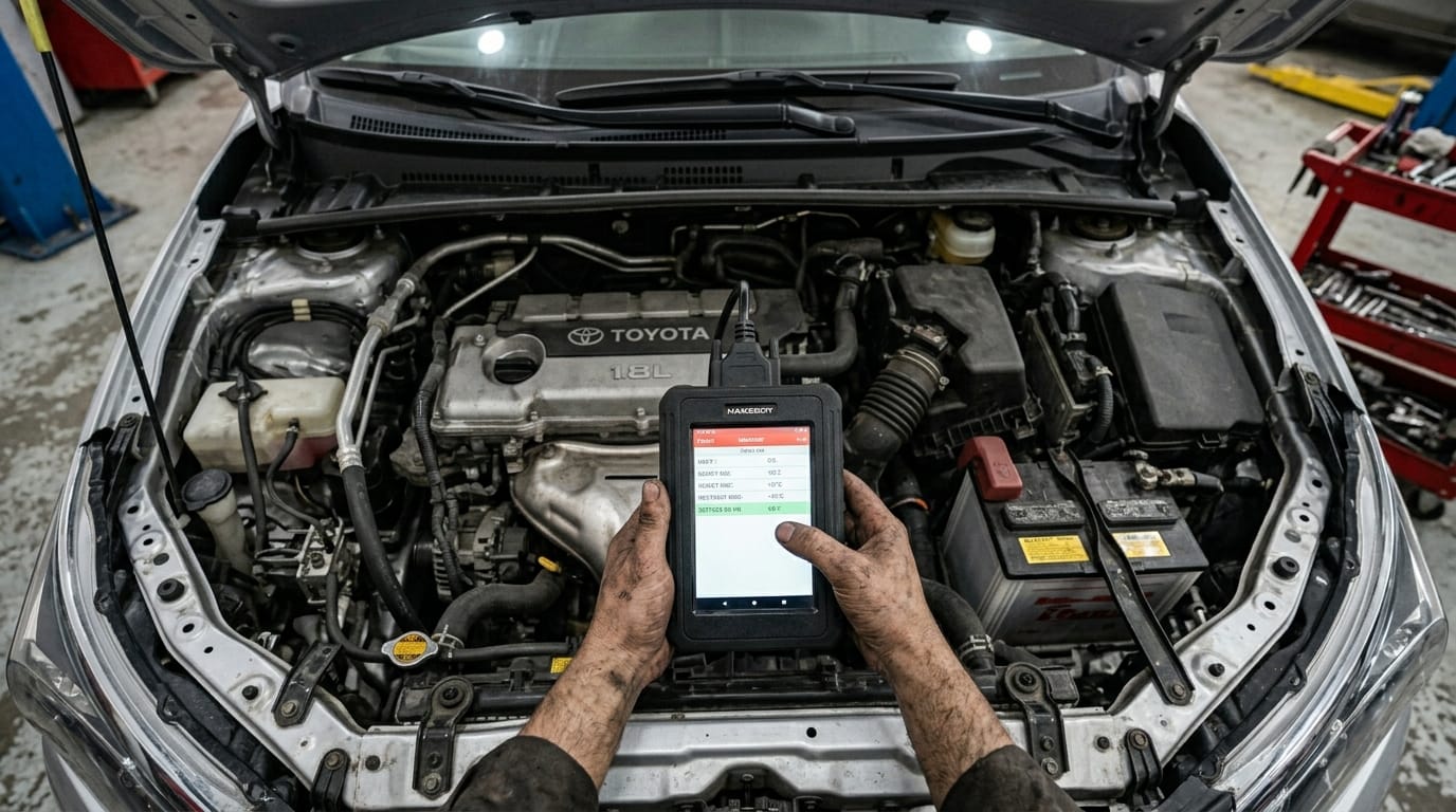 Mechanic using OBD-II scanner on a silver sedan inside an Al Quoz workshop, diagnostic cable plugged into engine bay