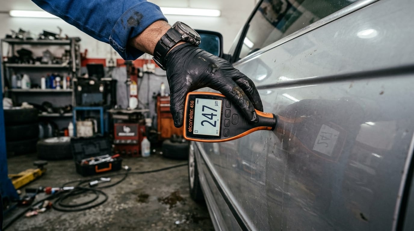 Male mechanic using a digital paint thickness gauge on a silver Nissan Altima door panel in an Al Quoz Dubai workshop with gauge screen showing elevated reading