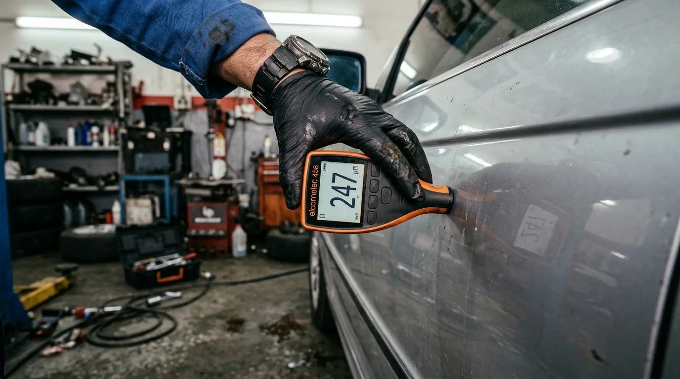Male mechanic using a digital paint thickness gauge on a silver Nissan Altima door panel in an Al Quoz Dubai workshop with gauge screen showing elevated reading