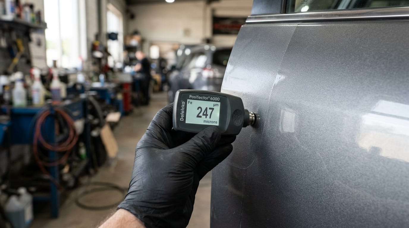 Close-up of a digital paint thickness gauge pressed against a grey car door panel showing a reading of 247 microns indicating resprayed bodywork in a Dubai workshop