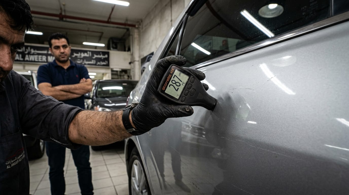 Male mechanic pressing a digital paint thickness gauge against the door panel of a used Toyota Camry in an Al Aweer Dubai showroom with the seller visible in the background 