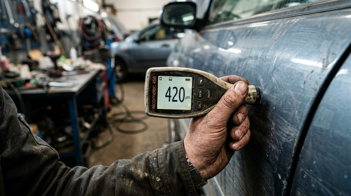 Close-up macro shot of a paint thickness gauge pressed flat against a car door panel showing a reading of 420 microns on its digital display, mechanic's callused fingers visible, dirty realism