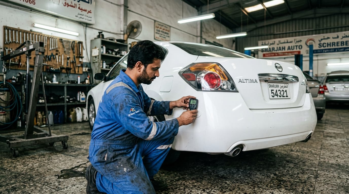 Male mechanic in blue overalls using a paint thickness meter on the rear quarter panel of a white sedan in a Sharjah workshop with the reading visible on the meter display
