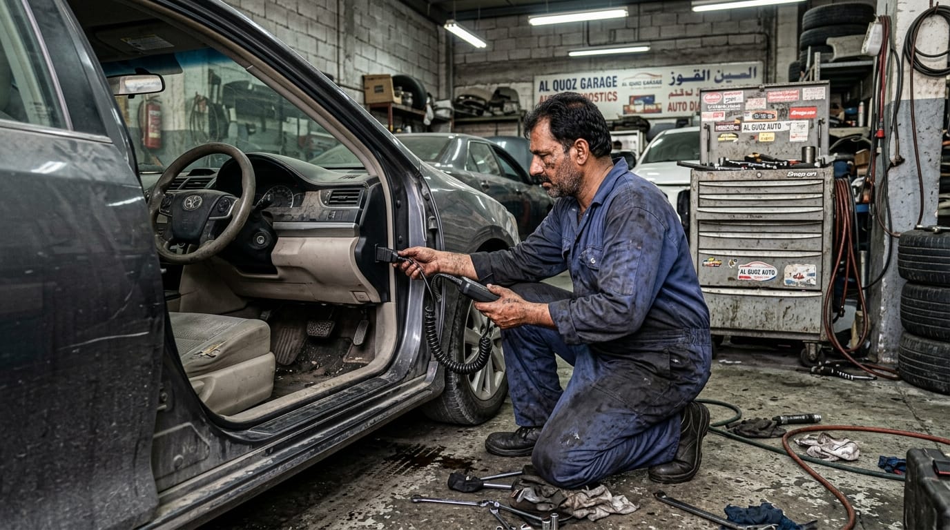 Independent mechanic conducting pre-purchase OBD scan on used car at Al Quoz workshop Dubai