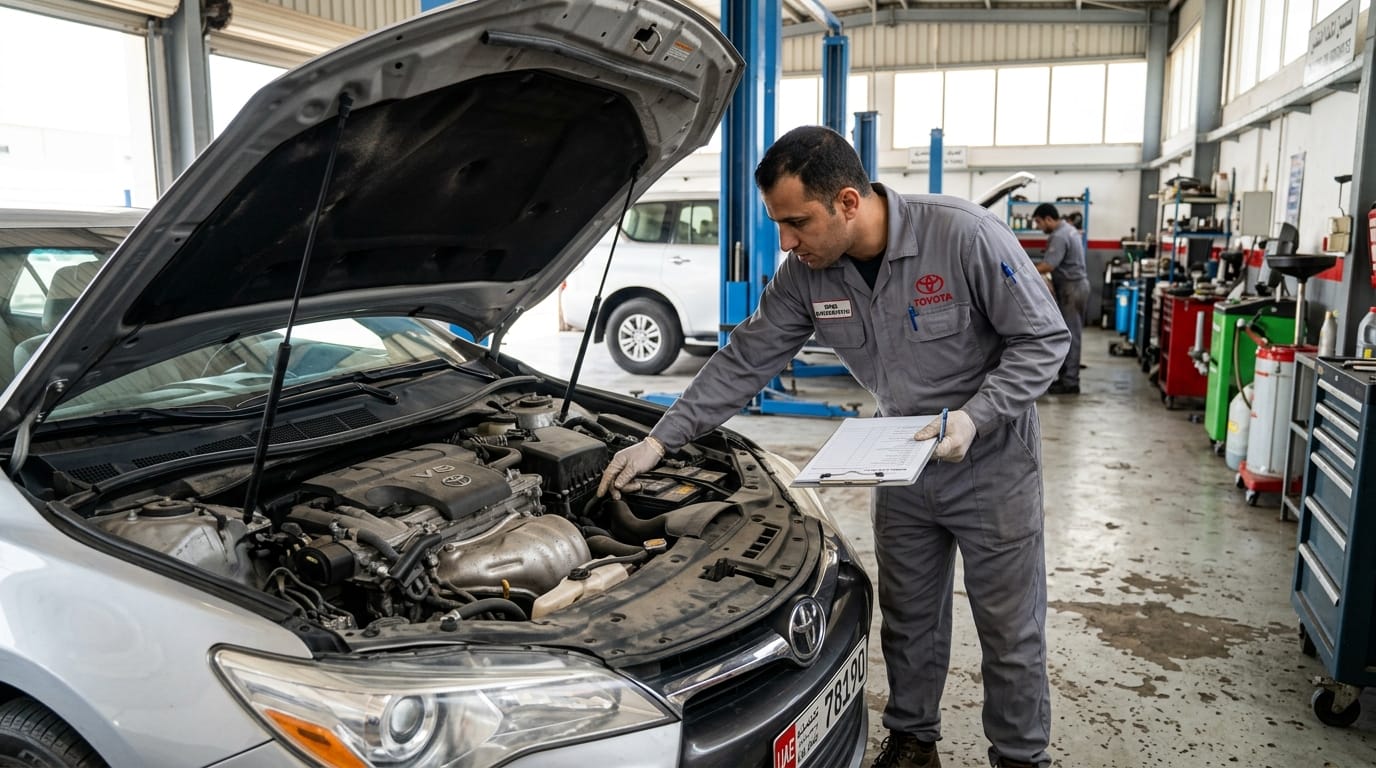 Professional automotive technician examining the engine bay of a Toyota sedan in a UAE workshop with natural daylight illuminating the engine compartment, clipboard visible