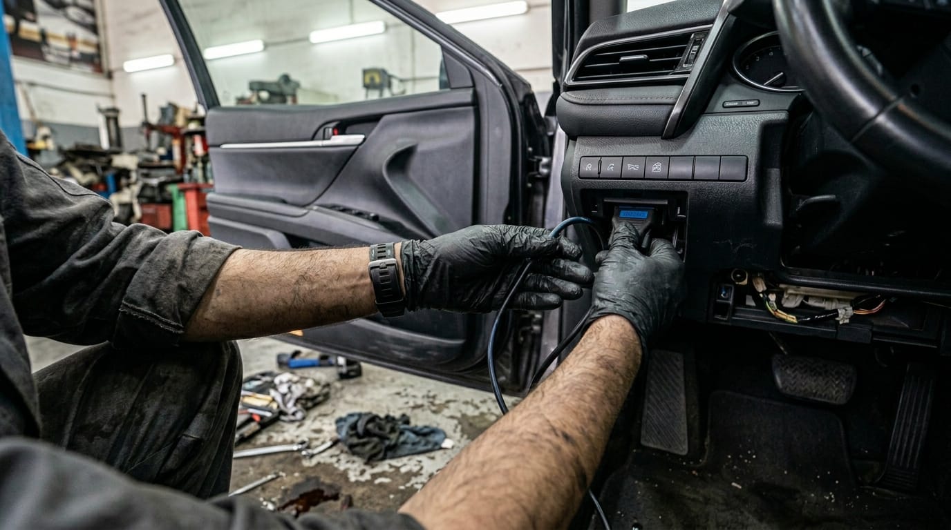  Close-up of a male mechanic's hands connecting a professional OBD scanner to a car dashboard port during a pre-purchase inspection at a workshop in Al Quoz Dubai UAE